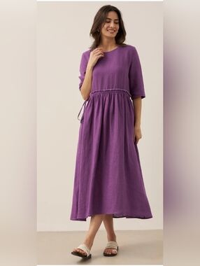Lintico Petal-Waist Drawstring Midi Dress 100% Linen Purple Size Large New!